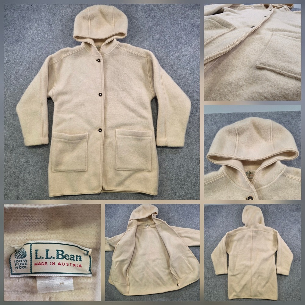 VTG LL Bean Womens Medium Beige 100% Wool Hooded Parka‎ Austria Jacket Sweater